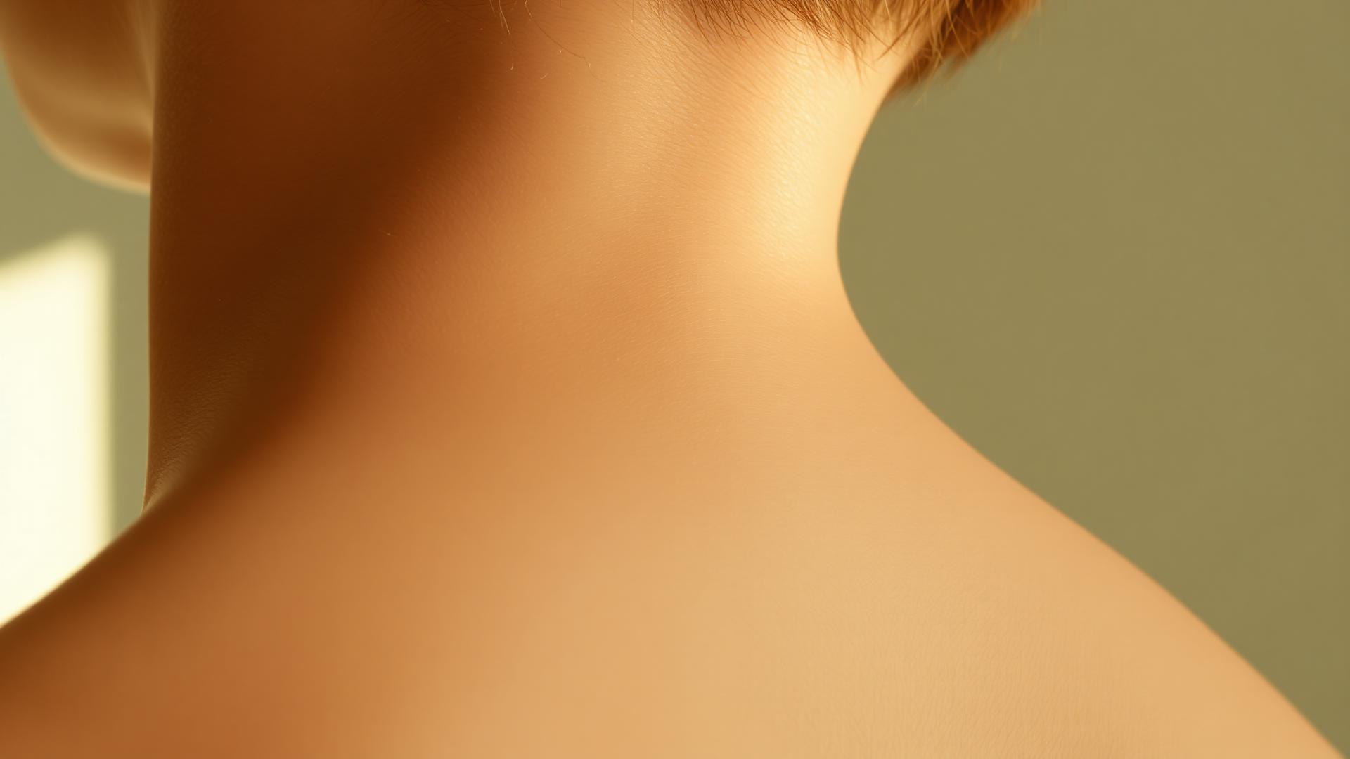 Editorial close-up of a human spine and shoulder in soft warm light
